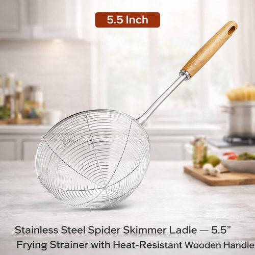 ✨𝑺𝒕𝒂𝒊𝒏𝒍𝒆𝒔𝒔 𝑺𝒕𝒆𝒆𝒍 𝑺𝒑𝒊𝒅𝒆𝒓 𝑺𝒌𝒊𝒎𝒎𝒆𝒓 𝑳𝒂𝒅𝒍𝒆 – 5.5" 𝑭𝒓𝒚𝒊𝒏𝒈 𝑺𝒕𝒓𝒂𝒊𝒏𝒆𝒓 𝒘𝒊𝒕𝒉 𝑯𝒆𝒂𝒕-𝑹𝒆𝒔𝒊𝒔𝒕𝒂𝒏𝒕 𝑾𝒐𝒐𝒅𝒆𝒏 𝑯𝒂𝒏𝒅𝒍𝒆