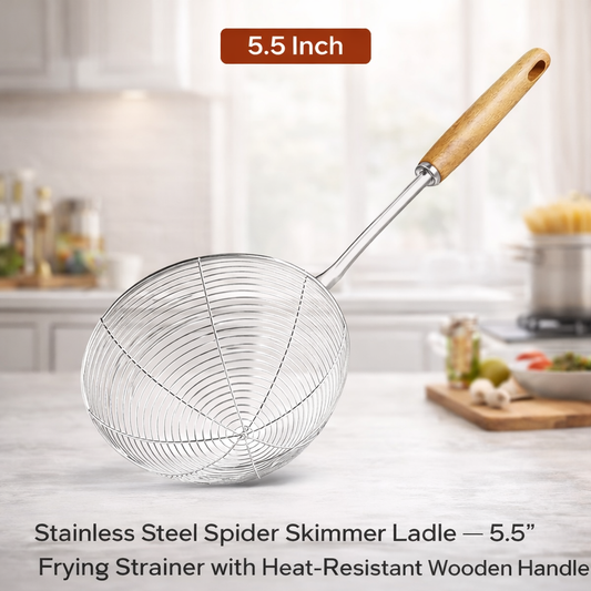 ✨𝑺𝒕𝒂𝒊𝒏𝒍𝒆𝒔𝒔 𝑺𝒕𝒆𝒆𝒍 𝑺𝒑𝒊𝒅𝒆𝒓 𝑺𝒌𝒊𝒎𝒎𝒆𝒓 𝑳𝒂𝒅𝒍𝒆 – 5.5" 𝑭𝒓𝒚𝒊𝒏𝒈 𝑺𝒕𝒓𝒂𝒊𝒏𝒆𝒓 𝒘𝒊𝒕𝒉 𝑯𝒆𝒂𝒕-𝑹𝒆𝒔𝒊𝒔𝒕𝒂𝒏𝒕 𝑾𝒐𝒐𝒅𝒆𝒏 𝑯𝒂𝒏𝒅𝒍𝒆